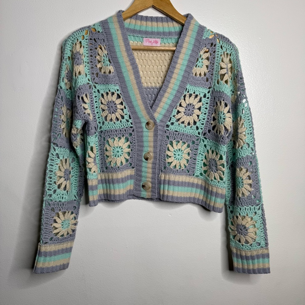 Pink Lily NWOT ALL THE TIME BLUE AND PURPLE CROCHET CARDIGAN